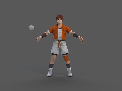 3D Animated Game Movie Character in Orange Jacket and White Shorts Standing with Ball 3d model