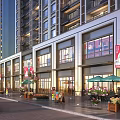 Modern Commercial Street with Glass Storefronts Green Umbrellas and Outdoor Flower Planters