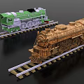 Vintage Steam Train Models With Green And Bronze Color On Detailed Rail Tracks