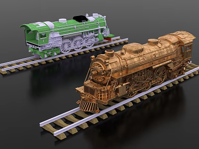 Vintage Steam Train Models With Green And Bronze Color On Detailed Rail Tracks 3d model