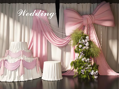 Wedding Floral Decor With Pink Bow White Cake And Green Flower Arrangement 3d model