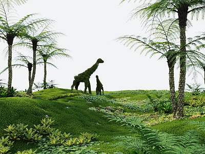 Giraffe and Baby Giraffe Shrub Sculptures in Green Grassland with Tall Palm Trees and Ferns 3d model