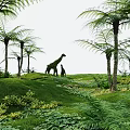 Giraffe and Baby Giraffe Shrub Sculptures in Green Grassland with Tall Palm Trees and Ferns