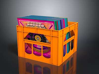 Daily Household Supplies Stored in Orange Plastic Crate with Colorful Books and Containers 3d model
