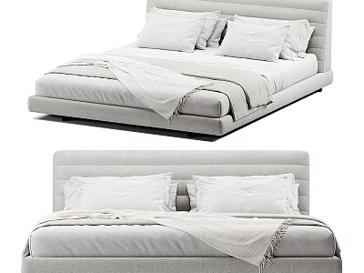 Modern Minimalist Double Bed With Gray Upholstered Frame White Pillows And Blanket 3d model