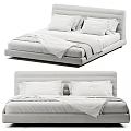 Modern Minimalist Double Bed With Gray Upholstered Frame White Pillows And Blanket