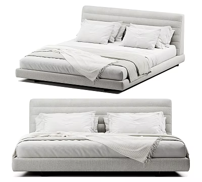 Modern Minimalist Double Bed With Gray Upholstered Frame White Pillows And Blanket 3d model