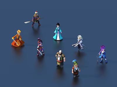 Multiple Game Movie Characters 3D Models with Various Costumes Weapons Standing on Dark Background 3d model