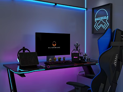 Gaming Desk Setup With RGB Lights Computer Monitor And Gaming Chair Accessories 3d model