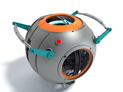 Spherical Mechanical Device With Teal Arms Red Button And Orange Accents 3d model