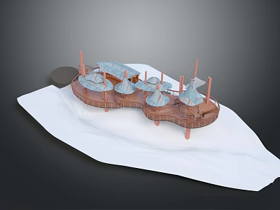 Traditional Wooden Water Transport Vehicle with Blue Roofed Pavilions on Calm Water 3d model