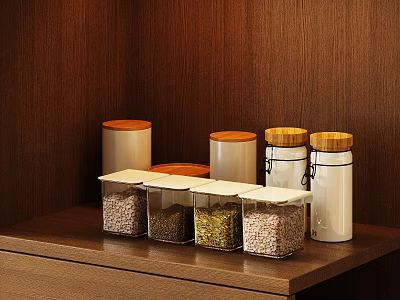 Spice Jars on Wooden Shelf with Transparent Containers and Wooden Lids Storing Various Spices 3d model