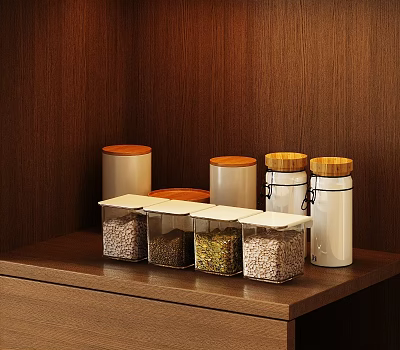 Spice Jars on Wooden Shelf with Transparent Containers and Wooden Lids Storing Various Spices 3d model
