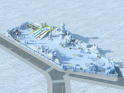 Aerial View Planning of Recreational Area with Colorful Tracks Buildings and Roads 3d model