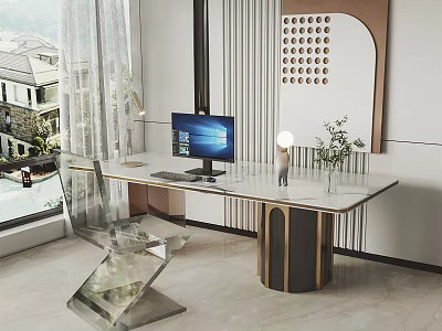 Modern Writing Desk with Computer Figurine Green Plant Marble Top Metal Legs and Wall Art by Window 3d model
