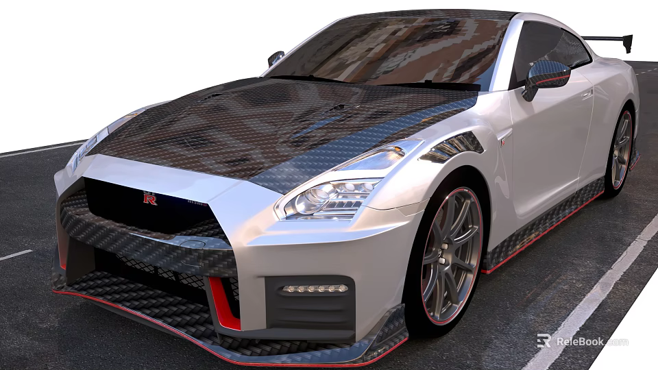 Silver Nissan GT-R Sports Car With Carbon Fiber Hood Red Accents And Large Wheels 3d model 