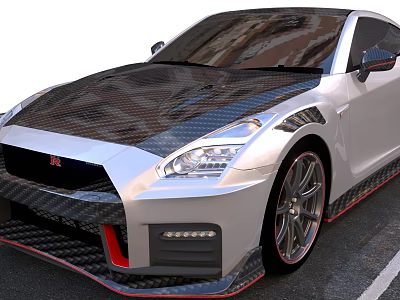 Silver Nissan GT-R Sports Car With Carbon Fiber Hood Red Accents And Large Wheels 3d model