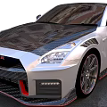 Silver Nissan GT-R Sports Car With Carbon Fiber Hood Red Accents And Large Wheels