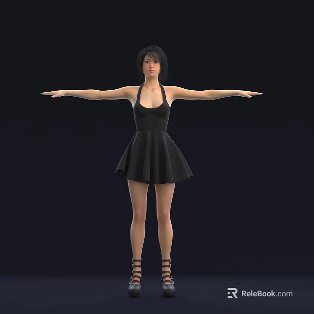 Woman in Black Sleeveless Short Dress with Arms Outstretched on Dark Background 3d model 