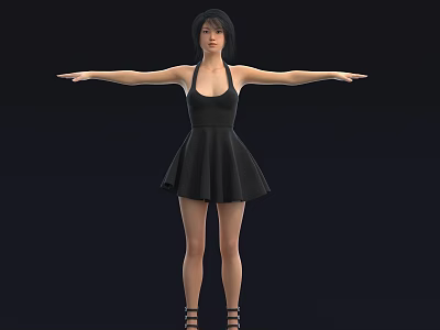 Woman in Black Sleeveless Short Dress with Arms Outstretched on Dark Background 3d model
