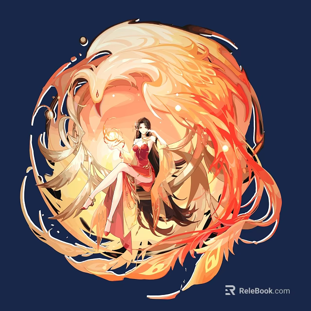 Phoenix Themed Game and Movie Character in Red Outfit With Flowing Flaming Feathers 3d model 