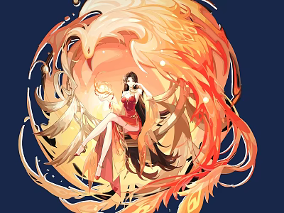 Phoenix Themed Game and Movie Character in Red Outfit With Flowing Flaming Feathers 3d model