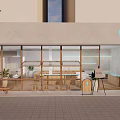 Blue Café Exterior View With Glass Windows Tables Chairs And Potted Plants On Paved Ground