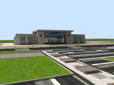 Public Building Exterior Symmetrical Gray Facade Large Windows Spacious Square Green Lawn And Neat Steps 3d model