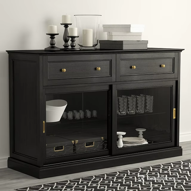 Black Sideboard With Drawers Glass Doors Tableware And Decorative Items On Top 3d model 
