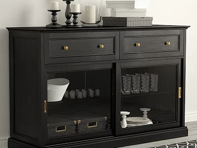 Black Sideboard With Drawers Glass Doors Tableware And Decorative Items On Top 3d model