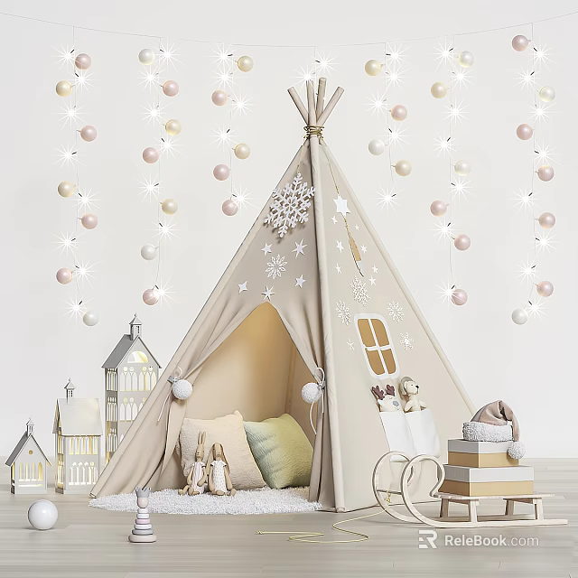 Dolls In Cozy Tepee With Snowflake Decorations Fairy Lights Small Houses Rocking Chair And Pillows 3d model 