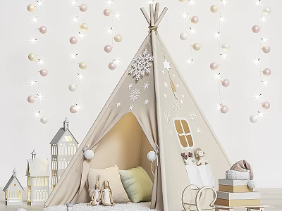 Dolls In Cozy Tepee With Snowflake Decorations Fairy Lights Small Houses Rocking Chair And Pillows 3d model