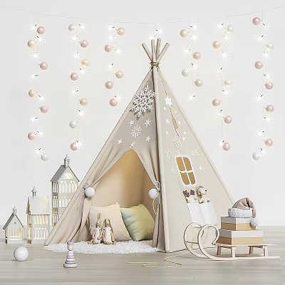 Dolls In Cozy Tepee With Snowflake Decorations Fairy Lights Small Houses Rocking Chair And Pillows 3d model
