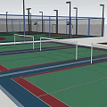 Two Basketball Courts With Fenced Surroundings Green Surface And Lighting Fixtures