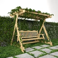 Outdoor Wooden Bench Swing With Ivy Covered Pergola Green Ivy Wall Stone Path