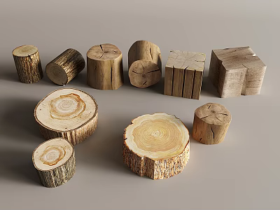 Natural Wooden Log Stools With Various Shapes And Natural Texture Design 3d model