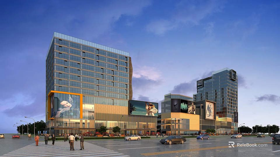Modern High Rise Residential Building With Glass Facade In Commercial Area And Street 3d model 