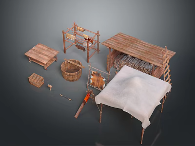 Handmade Wooden Craft Stall With Baskets Shelves Cloth Cover And Tools 3d model