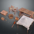 Handmade Wooden Craft Stall With Baskets Shelves Cloth Cover And Tools