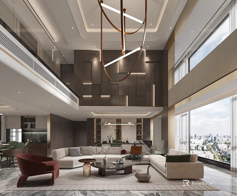 Modern Duplex Living Room Interior With Spacious Layout And Panoramic Views 3d model 