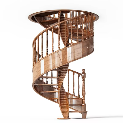 Wooden Spiral Staircase Interior Design With Curved Steps And Handrail 3d model