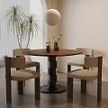 Round Wooden Dining Table With Four Chairs Vases Palm Plants Hanging Lamp And Blinds