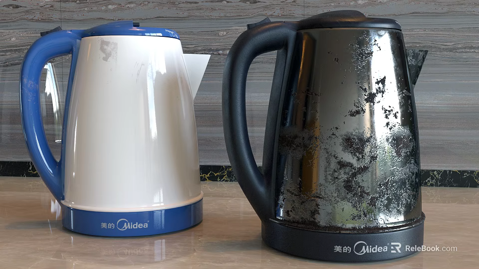 Midea Daily Use Electric Kettles in Blue White and Black on Kitchen Countertop 3d model 