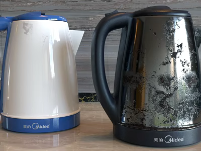 Midea Daily Use Electric Kettles in Blue White and Black on Kitchen Countertop 3d model