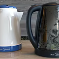 Midea Daily Use Electric Kettles in Blue White and Black on Kitchen Countertop
