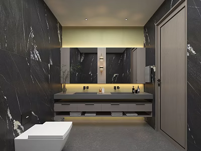 Modern Public Restroom With Black Marble Walls Sink Vanity And Mirror Lighting 3d model