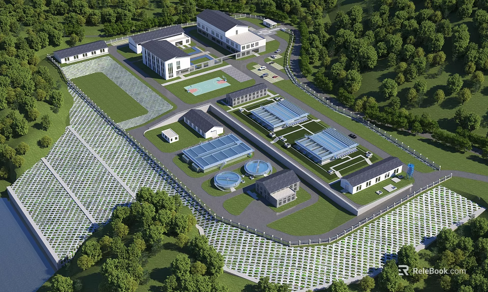 Industrial Factory Complex With Multiple Buildings And Tree Surrounded Green Layout 3d model
