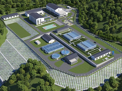 Industrial Factory Complex With Multiple Buildings And Tree Surrounded Green Layout 3d model