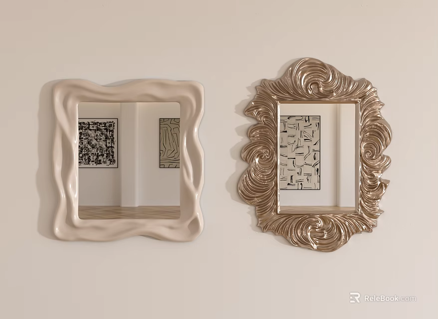 Two Decorative Mirrors With Wavy And Scrollwork Frames Reflecting Abstract Wall Art 3d model 