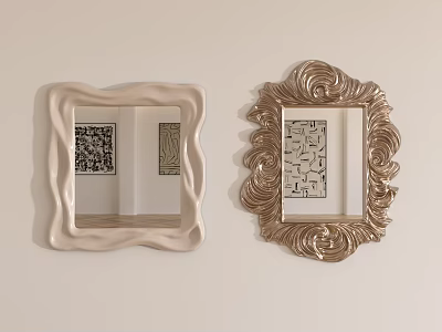 Two Decorative Mirrors With Wavy And Scrollwork Frames Reflecting Abstract Wall Art 3d model